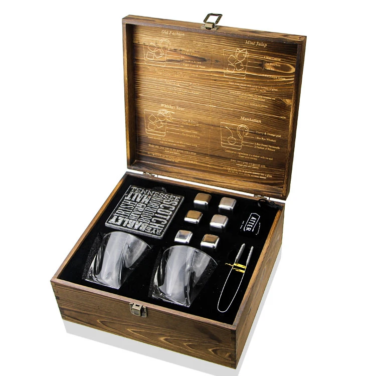 Metal Ice Cubes Stainless Steel Reusable Whiskey Stones with Twist Glasses Black Stone Coaster Set in Wooden Gift Box for Wine, Spirit, Cocktail, Household